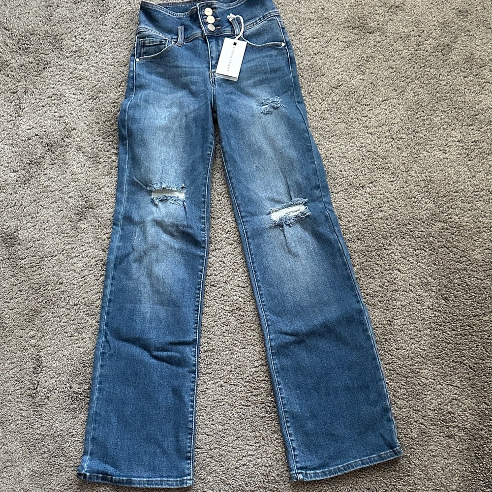 Stylish Blue Distressed Flare Jeans